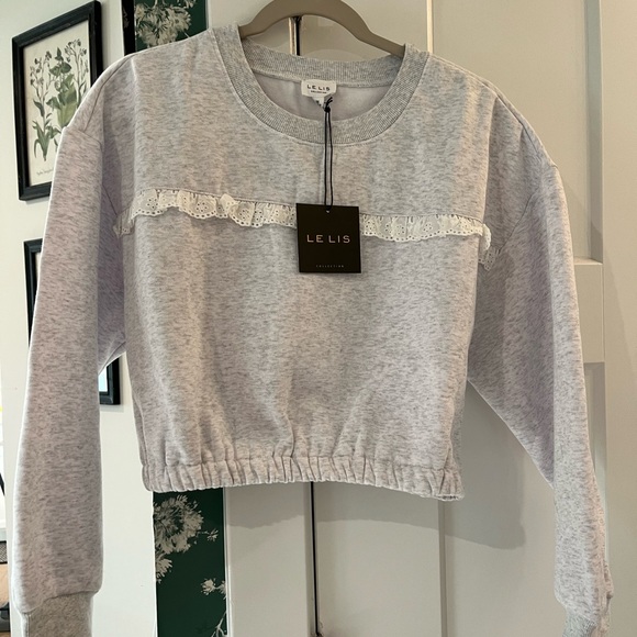 Le Lis Sweaters - Le Lis Light Gray Crewneck Sweat Set with White Lace Trim- shirt and pants NWT